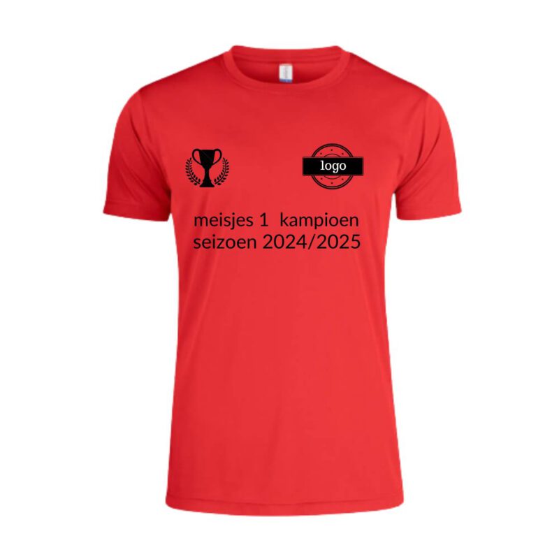 Afbeelding kampioen shirt voorzijde bedrukt met eigen tekst met een rood shirt