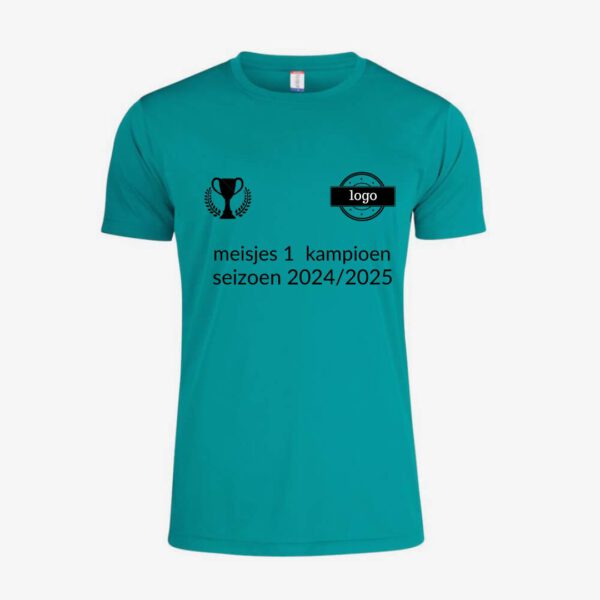 Afbeelding kampioen shirt voorzijde eigen tekst bedrukt kleur shirt zeeblauw