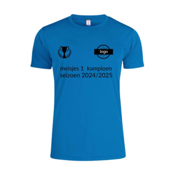 Afbeelding kampioen shirt voorzijde eigen tekst bedrukt kleur shirt blauw