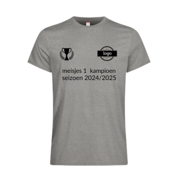 Afbeelding kampioen shirt voorzijde eigen tekst bedrukt kleur shirt grijs